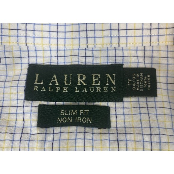 LAUREN RALPH LAUREN BUTTON DRESS SHIRT Sz 17 34/35 WHITE BLUE YELLOW SLIM FIT - Picture 3 of 4